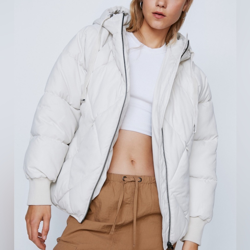 Nasty Gal Oversized Quilted Hooded Puffer Jacket in Cream/Ivory